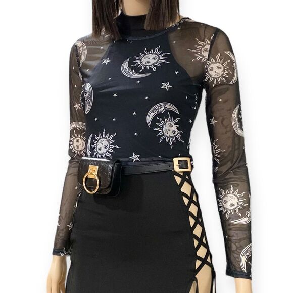 Black Long Sleeve Sheer Celestial Mesh Top NEW - Picture 2 of 4